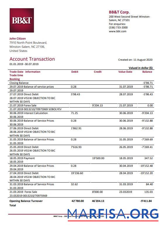 Blank USA North Carolina BB&T Corp. bank statement word sample